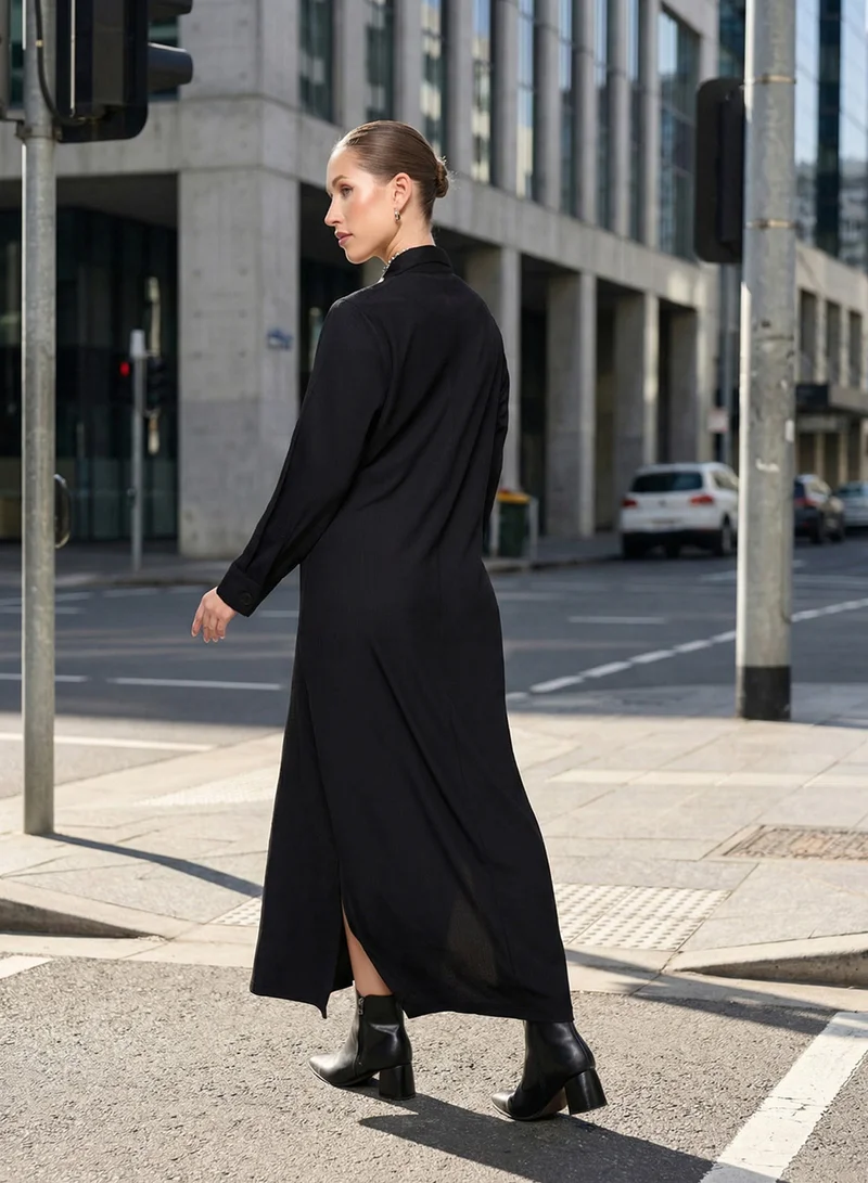 ISHIN  Black Lapel Collar Workwear Abaya for Women | Best Price UAE